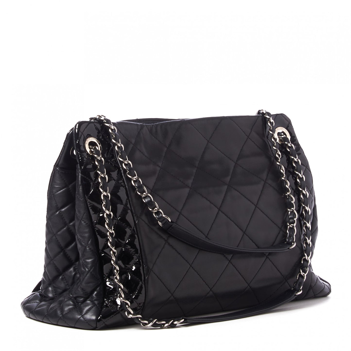 Lambskin Patent Quilted CC Shopping Tote Black