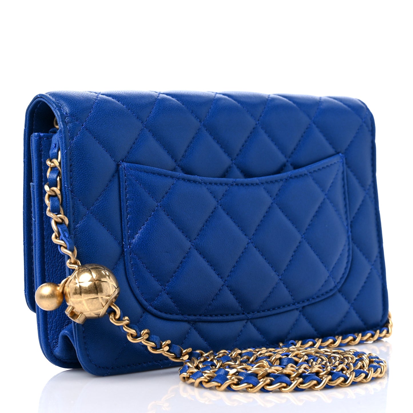 Lambskin Quilted CC Pearl Crush Wallet on Chain WOC Blue