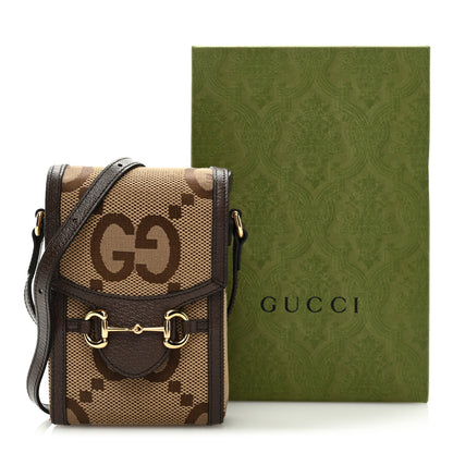 Gucci Monogram Jumbo GG Textured Dollar Calfskin Mini Horsebit 1955 Crossbody Bag Camel Ebony New Acero 9 of 9