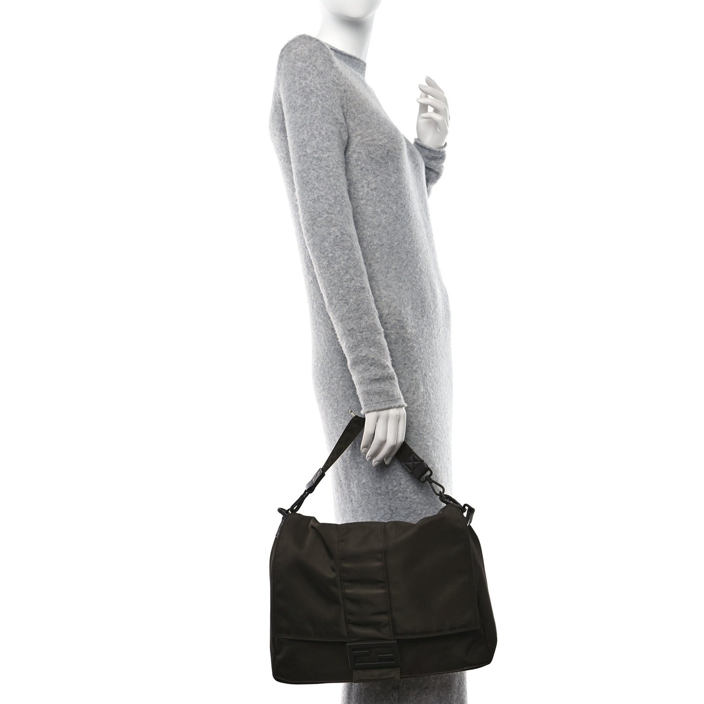 Econyl Nylon Cuoio Romano Monochrome Large Baguette Messenger Bag Ebano