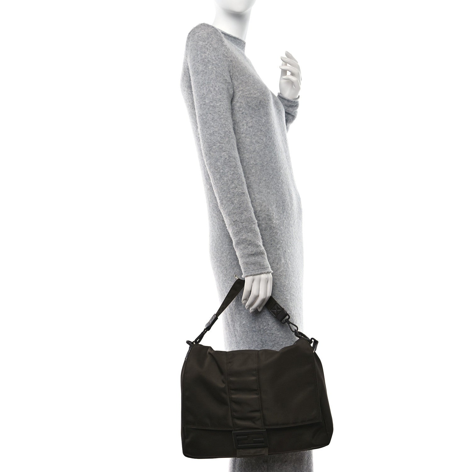 Fendi Econyl Nylon Cuoio Romano Monochrome Large Baguette Messenger Bag Ebano 2 of 10