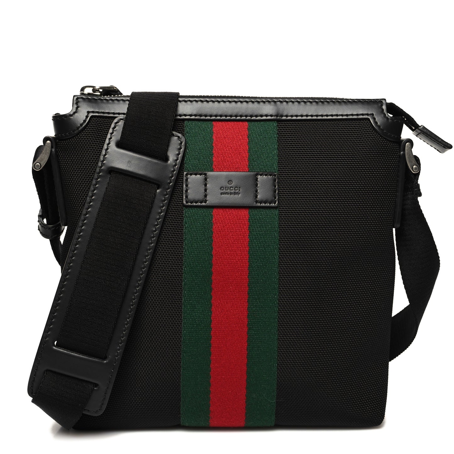 Techno Canvas Selleria Calfskin Web Small Flat Messenger Bag Black