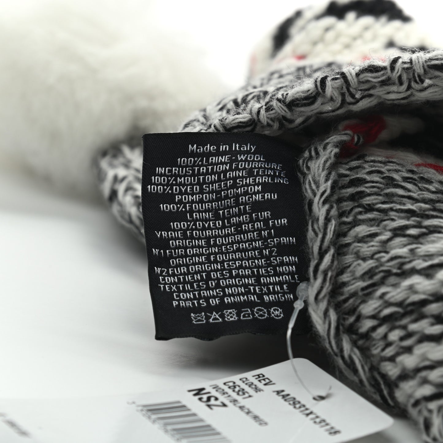 Wool Shearling CC Beanie Hat Ivory Black Red
