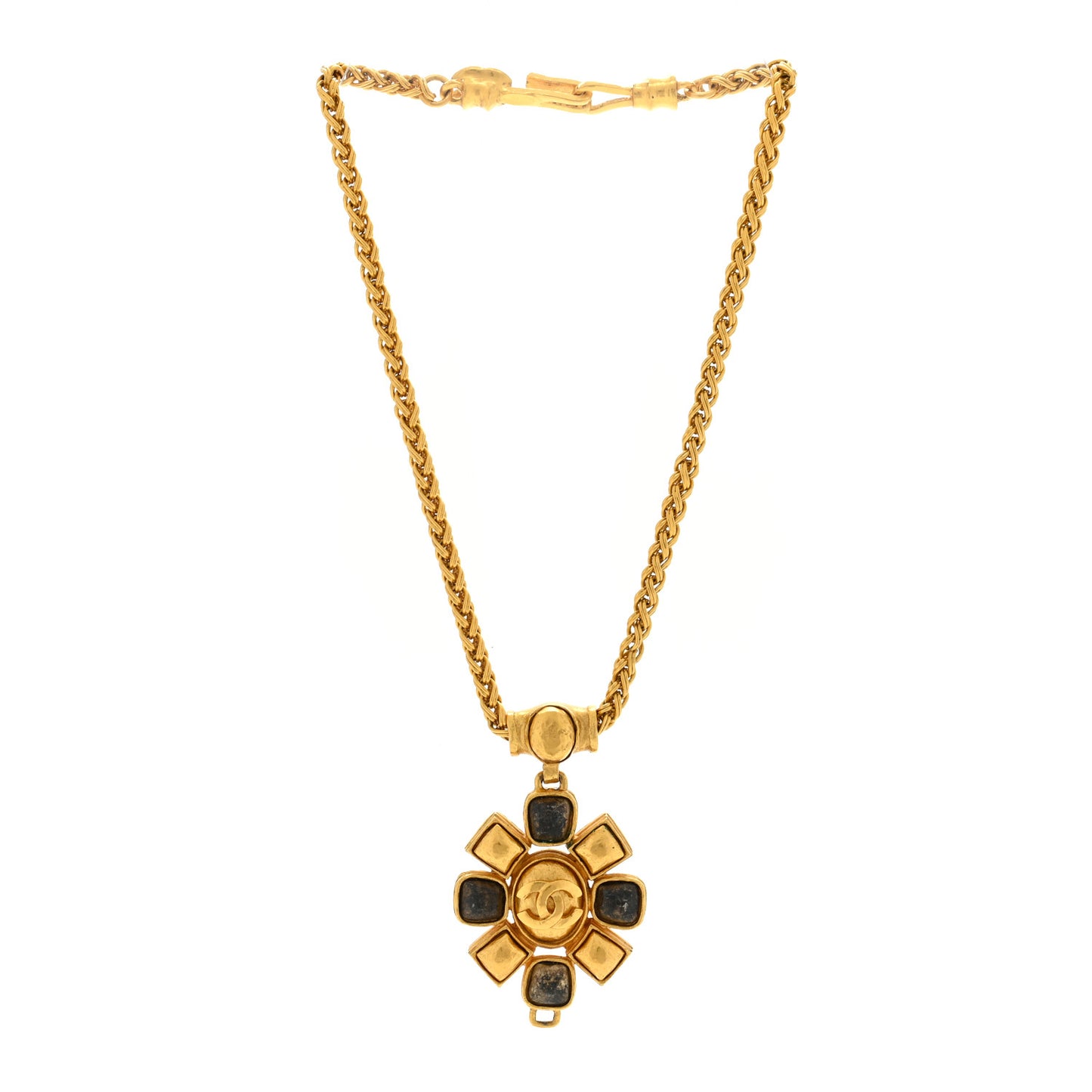 Gripoix Poured Glass CC Pendant Necklace Gold Black