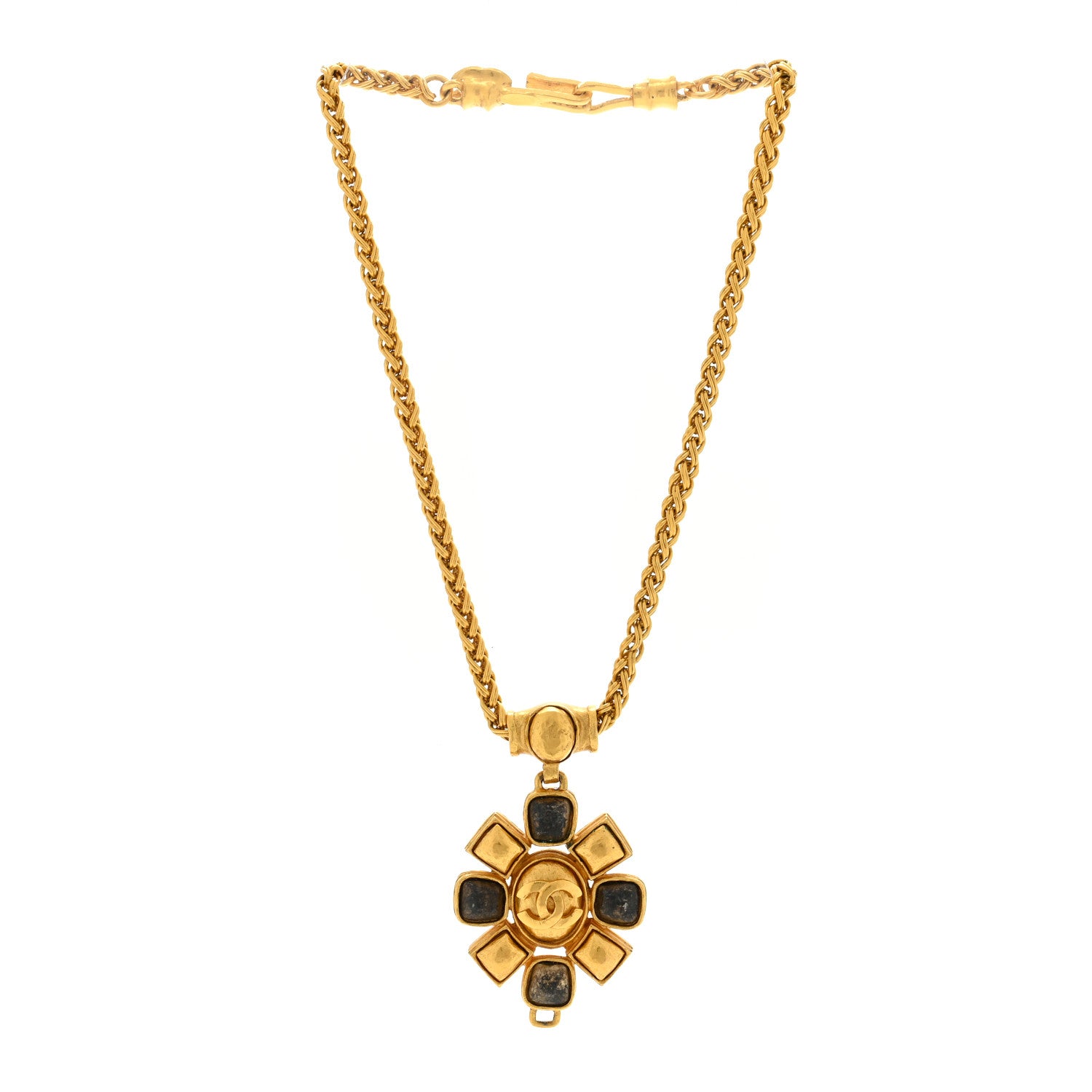 Chanel Gripoix Poured Glass CC Pendant Necklace Gold Black 3 of 5
