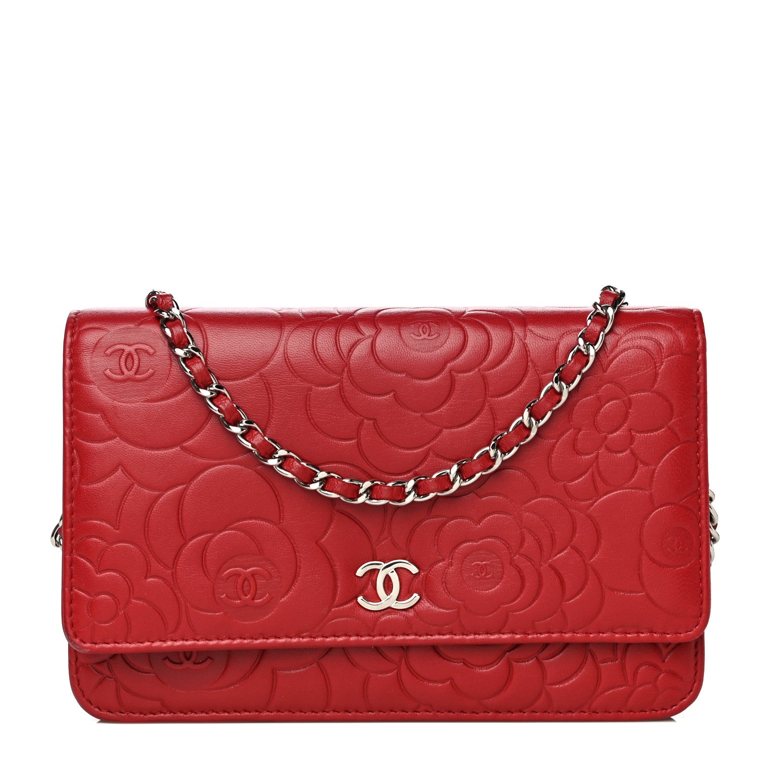 Chanel Lambskin Camellia Embossed Wallet On Chain WOC Red 1 of 19