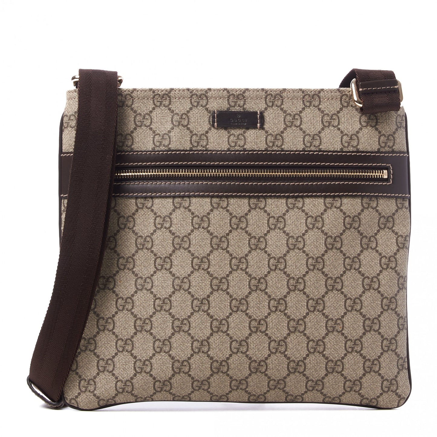 GG Supreme Monogram Selleria Calfskin Small Flat Side Zip Messenger Bag Beige Ebony Cocoa Dark Chocolate