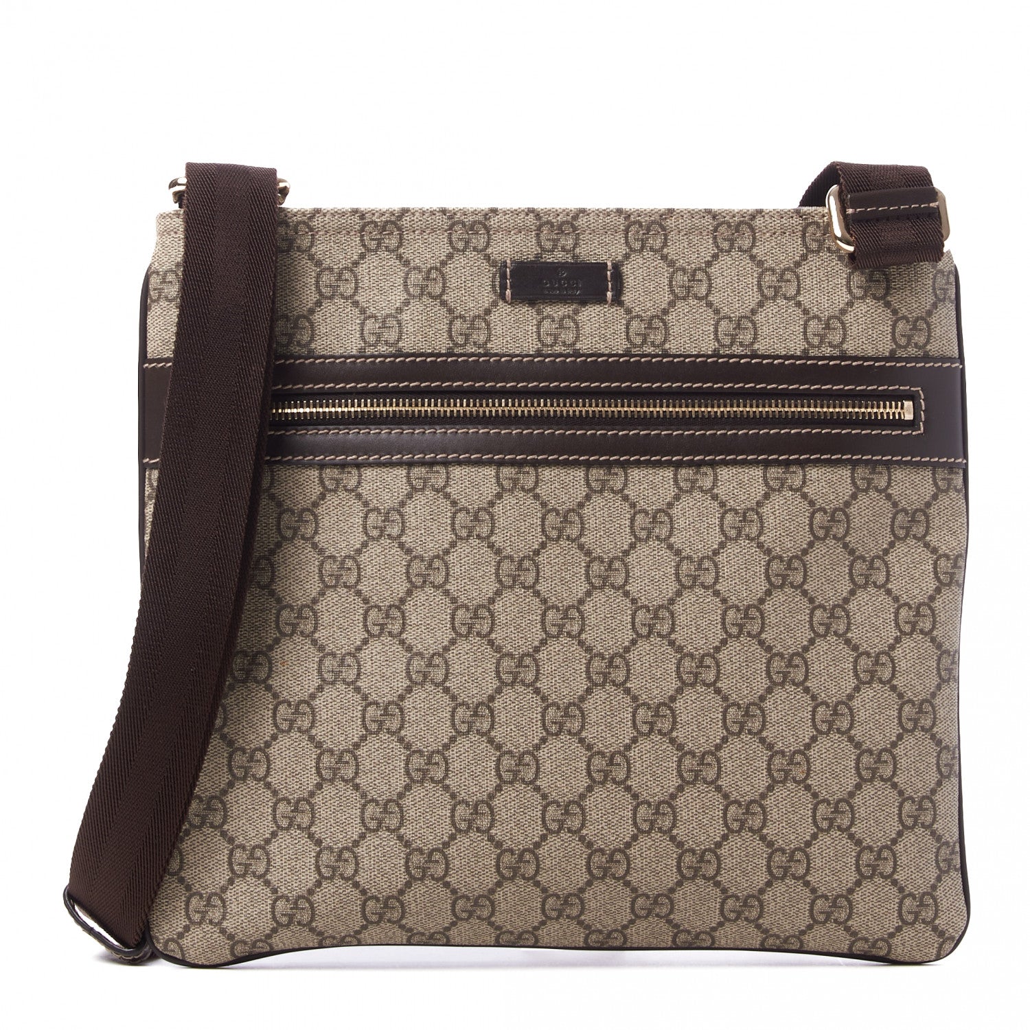 Gucci GG Supreme Monogram Selleria Calfskin Small Flat Side Zip Messenger Bag Beige Ebony Cocoa Dark Chocolate 1 of 9