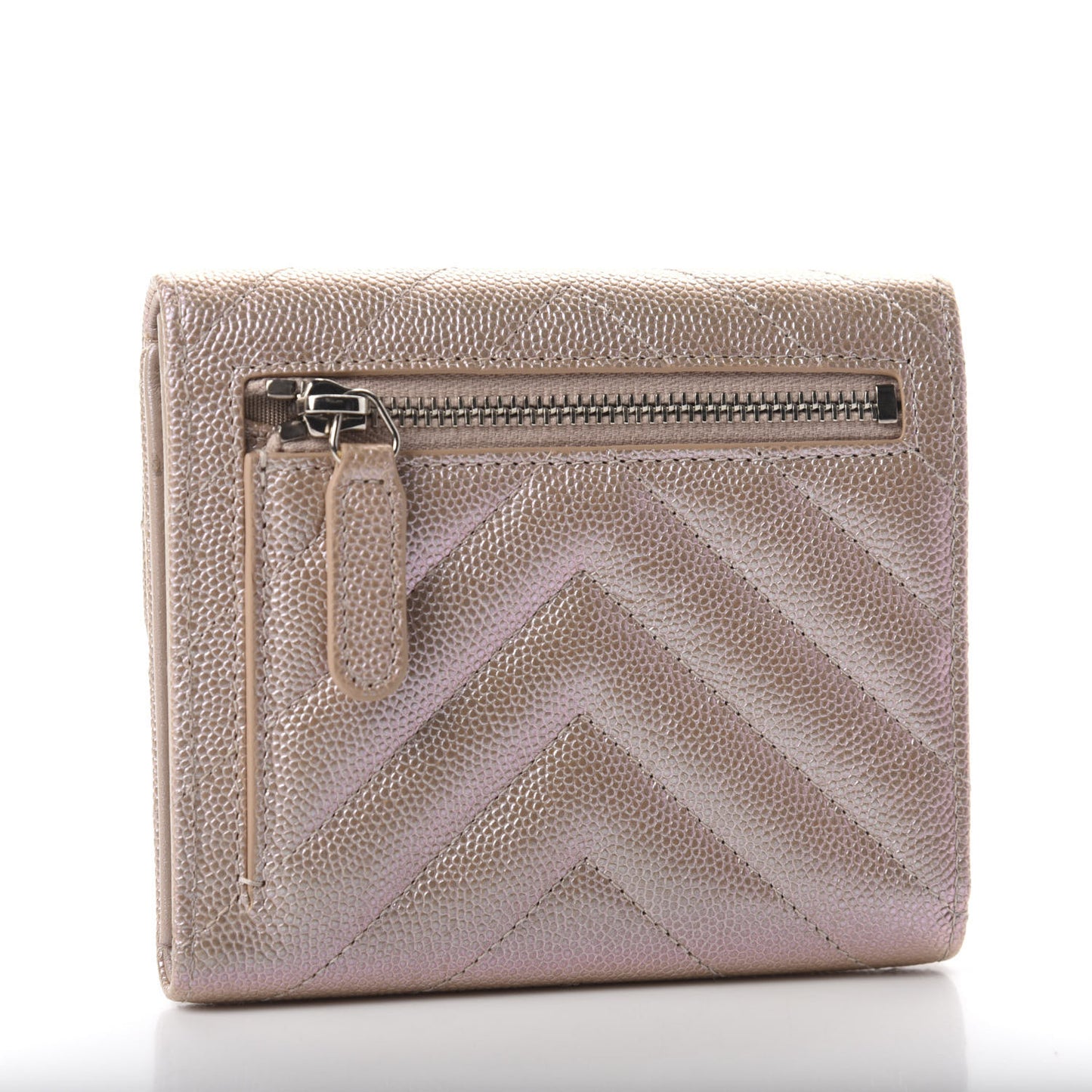 Metallic Caviar Chevron Quilted Compact Flap Wallet Light Gold