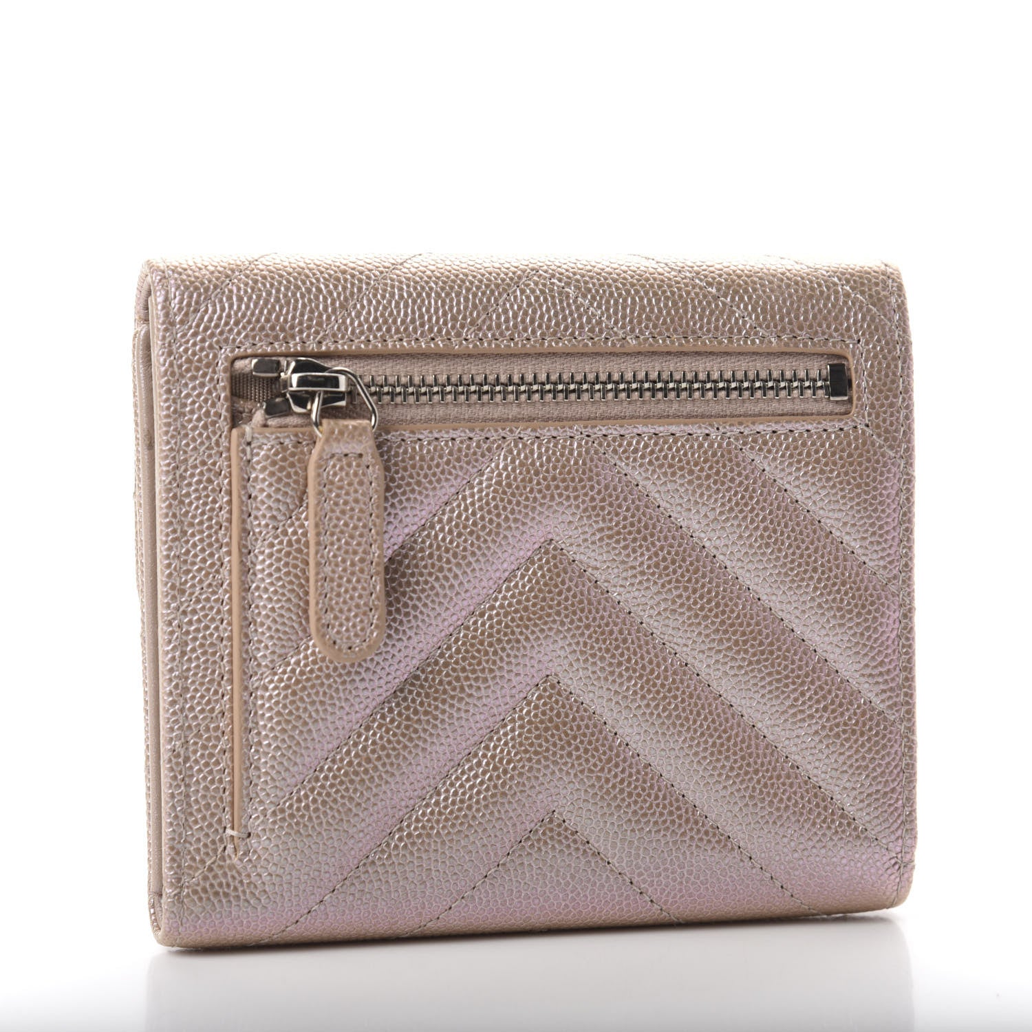 Chanel Metallic Caviar Chevron Quilted Compact Flap Wallet Light Gold 3 of 9
