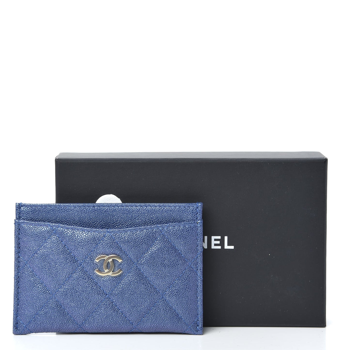 Iridescent Caviar Quilted Card Holder Dark Blue