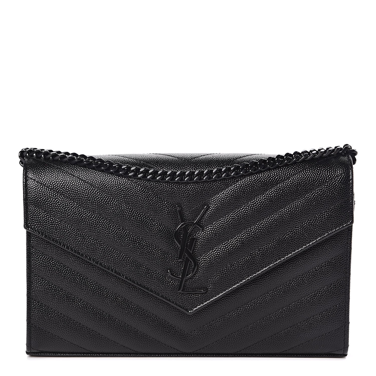 Saint Laurent Grain De Poudre Matelasse Chevron Monogram Chain Wallet Black 1 of 11