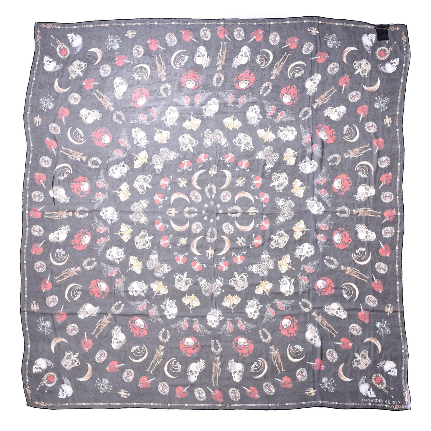 Silk Chiffon Skull Butterfly Scarf Black Multicolor
