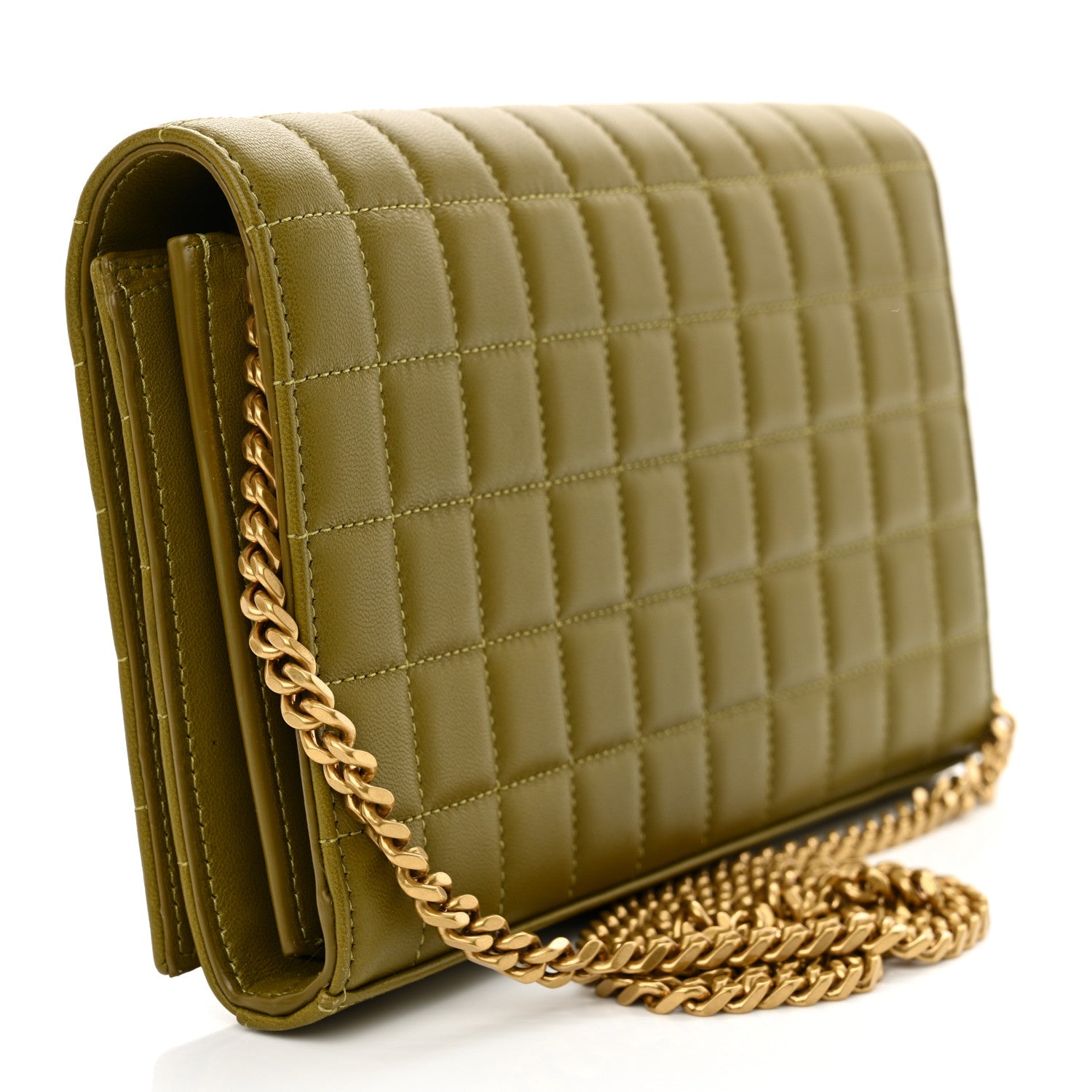 Saint Laurent Lambskin Carre Quilted Cassandre Chain Wallet Olive Drab 3 of 10