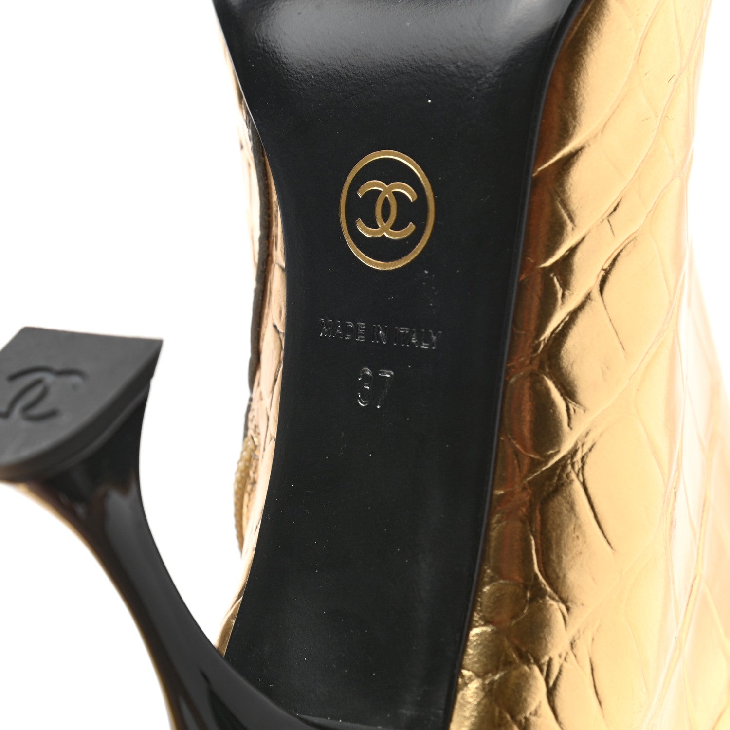 Chanel Calfskin Crocodile Embossed Cap Toe Ankle Boots 37 Gold 6 of 15
