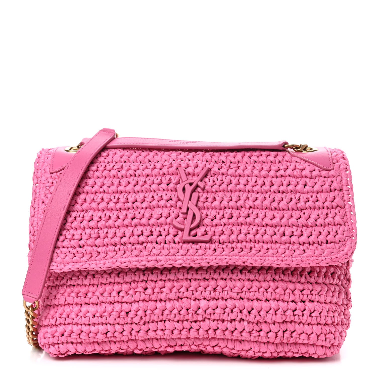 Saint Laurent Raffia Calfskin Monogram Medium Niki Chain Satchel Bright Pink 1 of 4