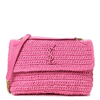 Saint Laurent Raffia Calfskin Monogram Medium Niki Chain Satchel Bright Pink 1 of 4