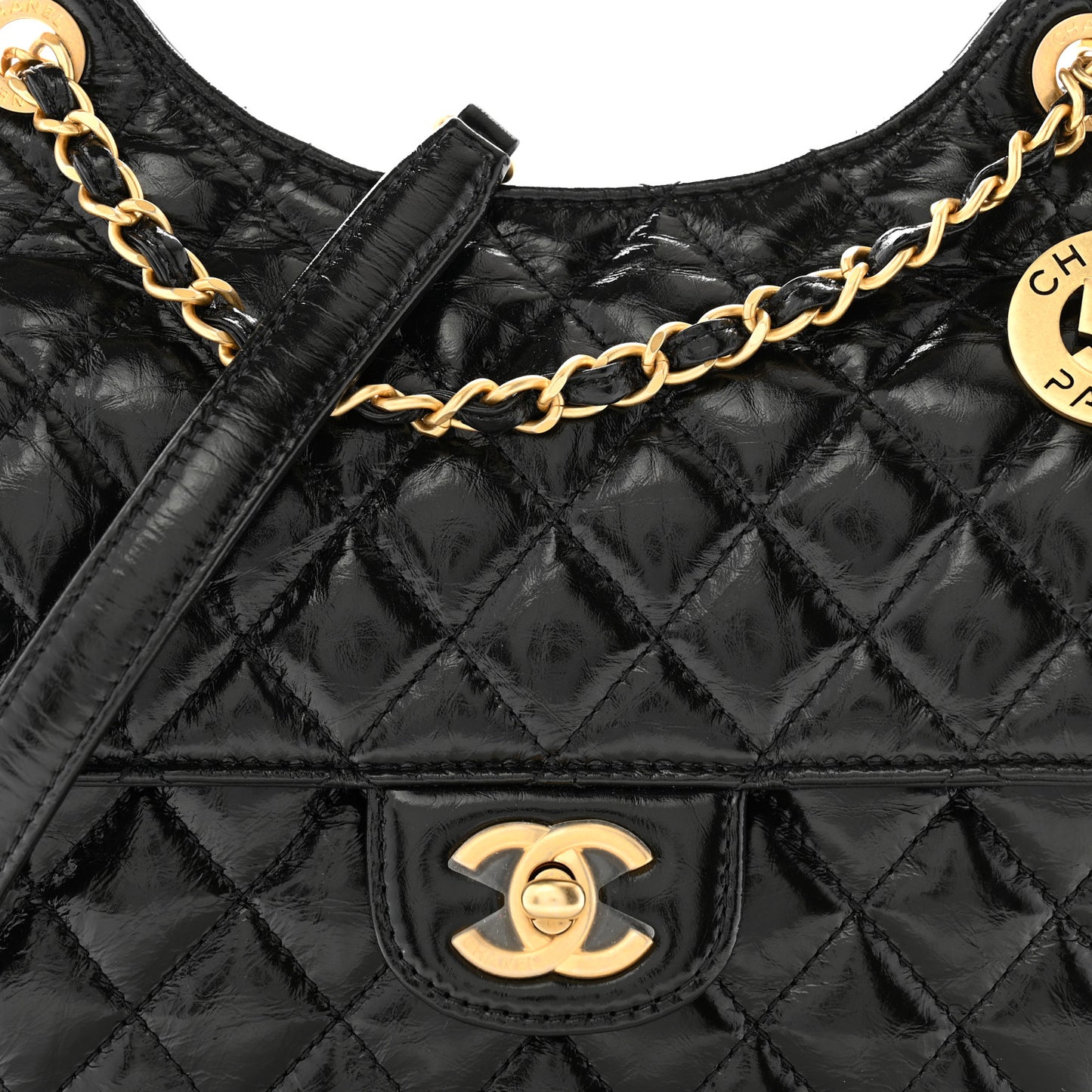 Shiny Crumpled Calfskin Quilted Small CC Messenger Bag Black