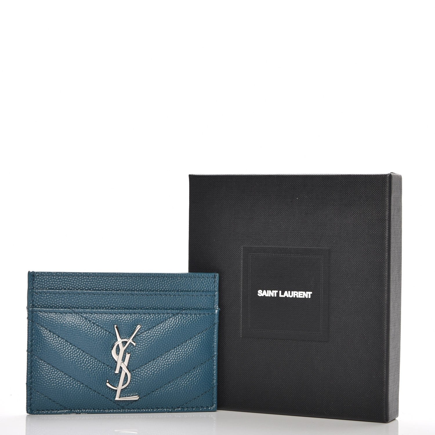 Saint Laurent Grain De Poudre Matelasse Chevron Monogram Credit Card Case Peacock Green 8 of 8