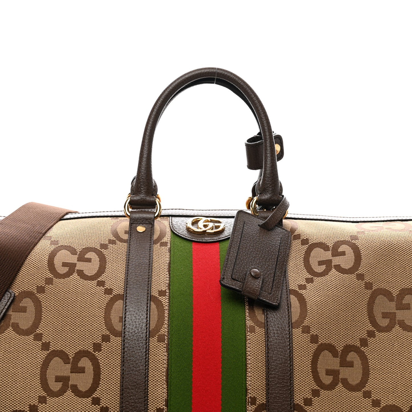 Monogram Jumbo GG Textured Dollar Calfskin Web Maxi Duffle Bag Camel Ebony