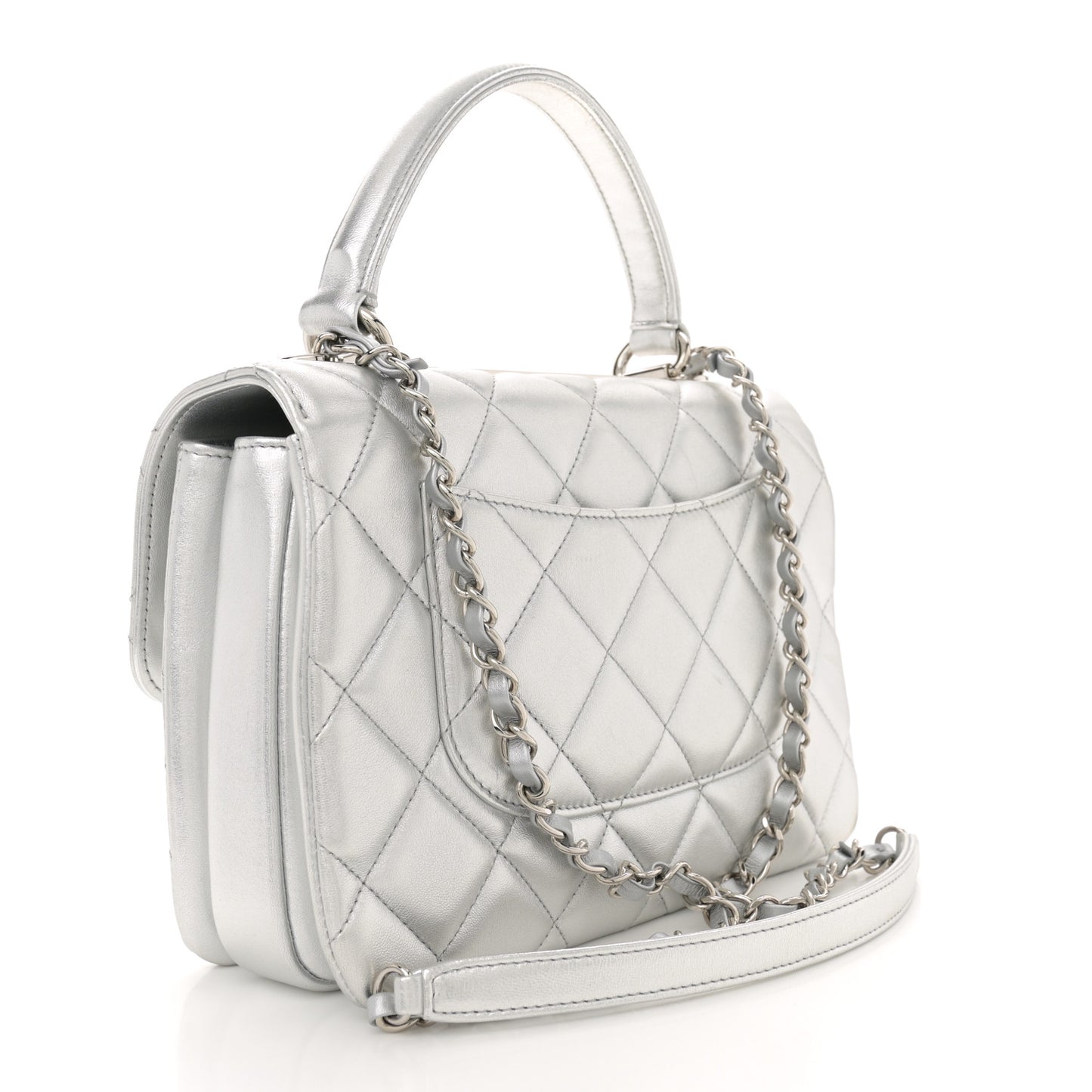 Metallic Lambskin Quilted Small Trendy CC Flap Dual Handle Bag Silver