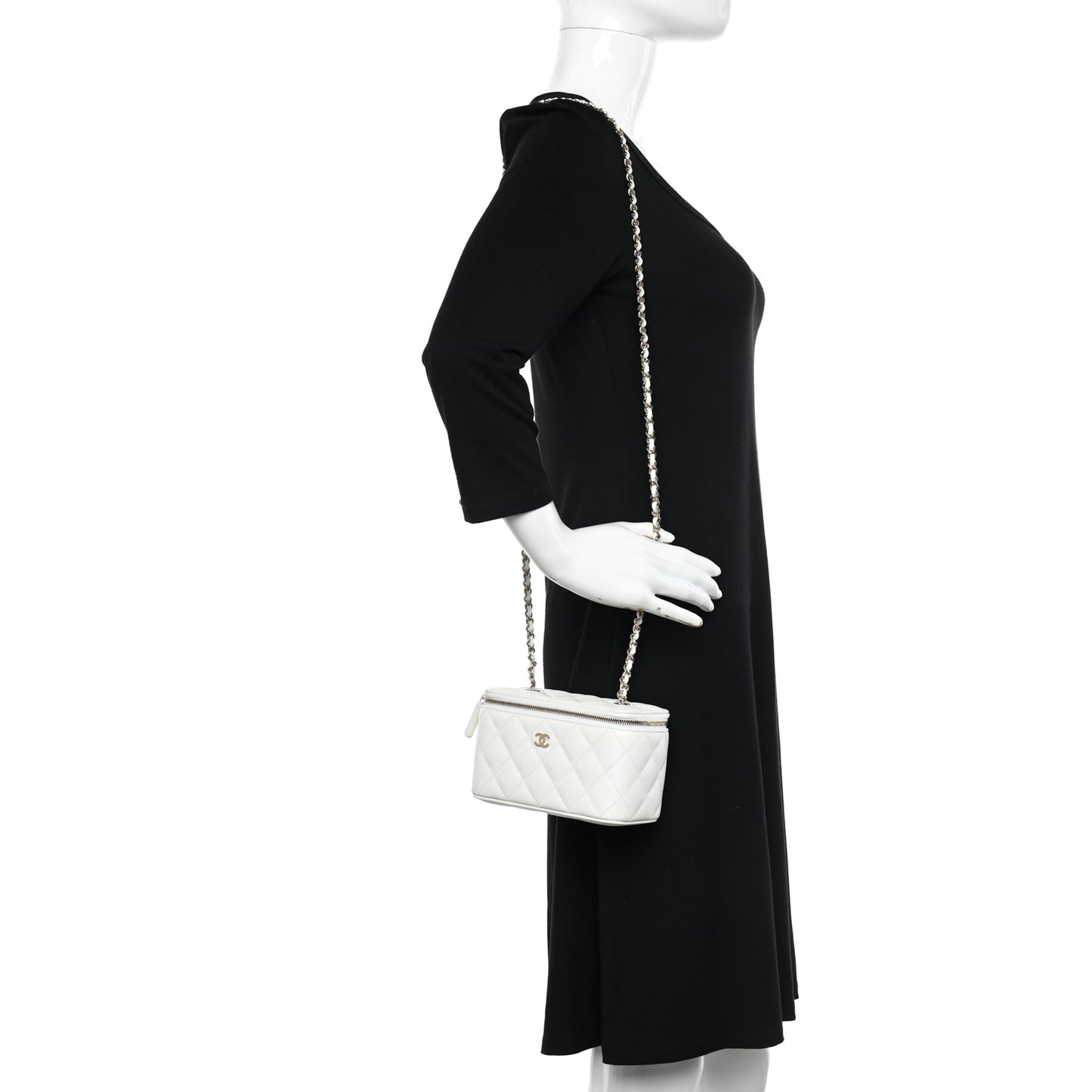 Caviar Quilted Small Vanity Case With Chain White
