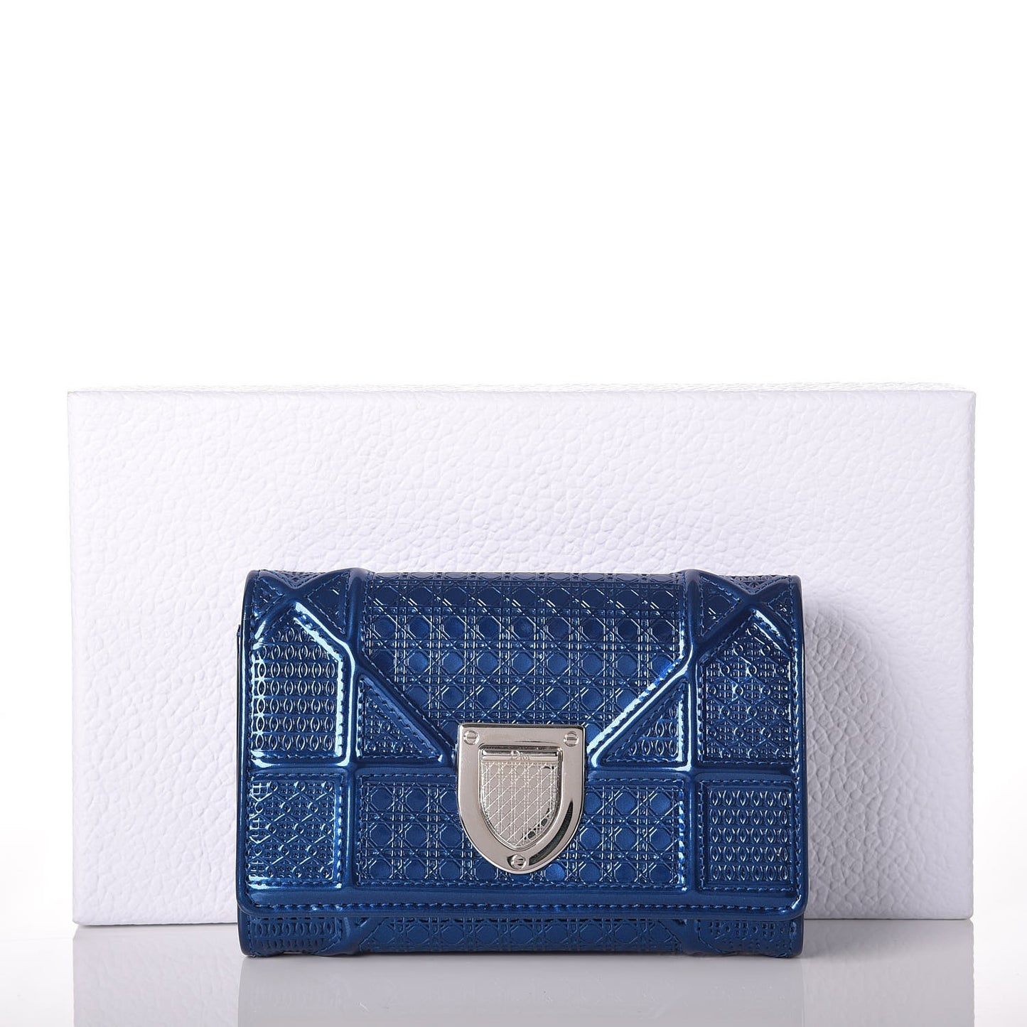 Metallic Patent Micro-Cannage Diorama Elancee Wallet Mirror Blue