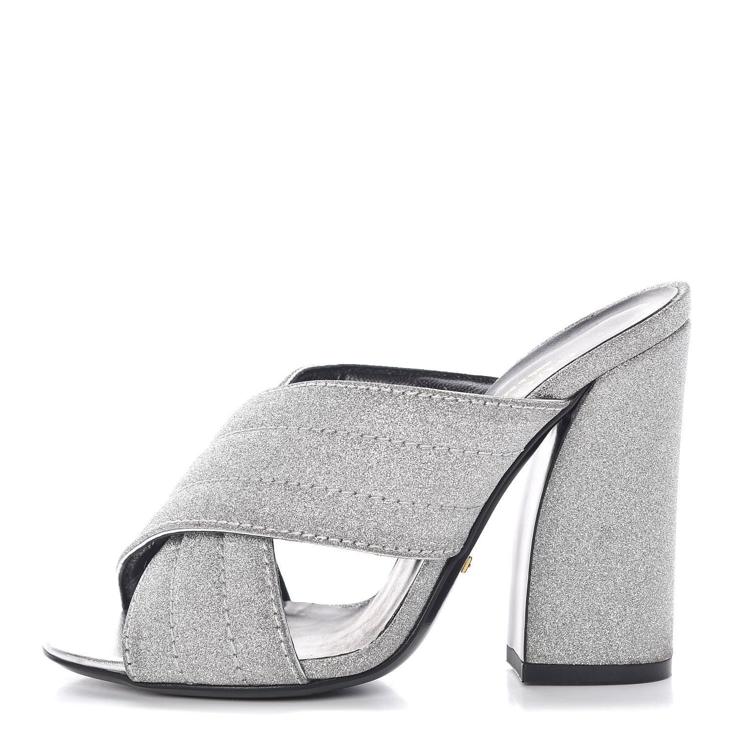Gucci Glitter Fabric Webby Crossover High Heel Slide Sandals 35.5 Argento 1 of 9