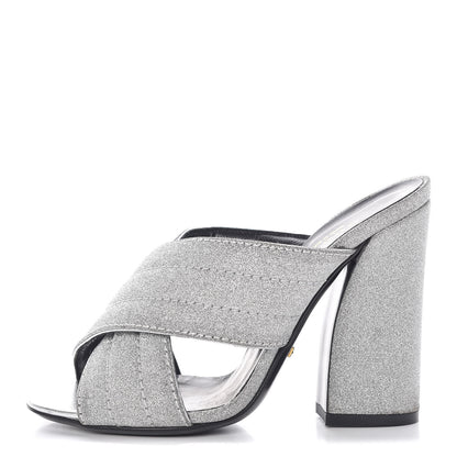 Gucci Glitter Fabric Webby Crossover High Heel Slide Sandals 35.5 Argento 1 of 9