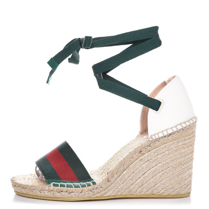 Gucci Canvas Malaga Kid Web Ankle Wrap Espadrille Wedge Sandals 40 Green Red Mystic White Emerald 1 of 11