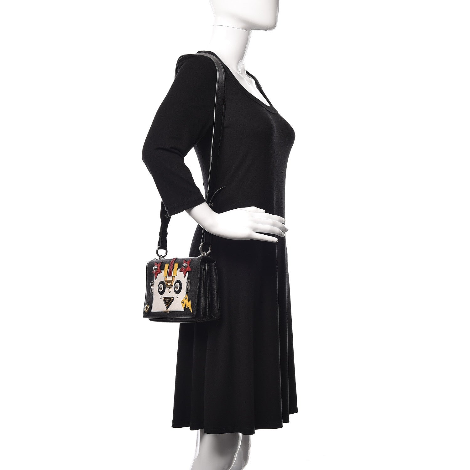 Prada Grained Calfskin Saffiano Robot Shoulder Bag Black White 2 of 9