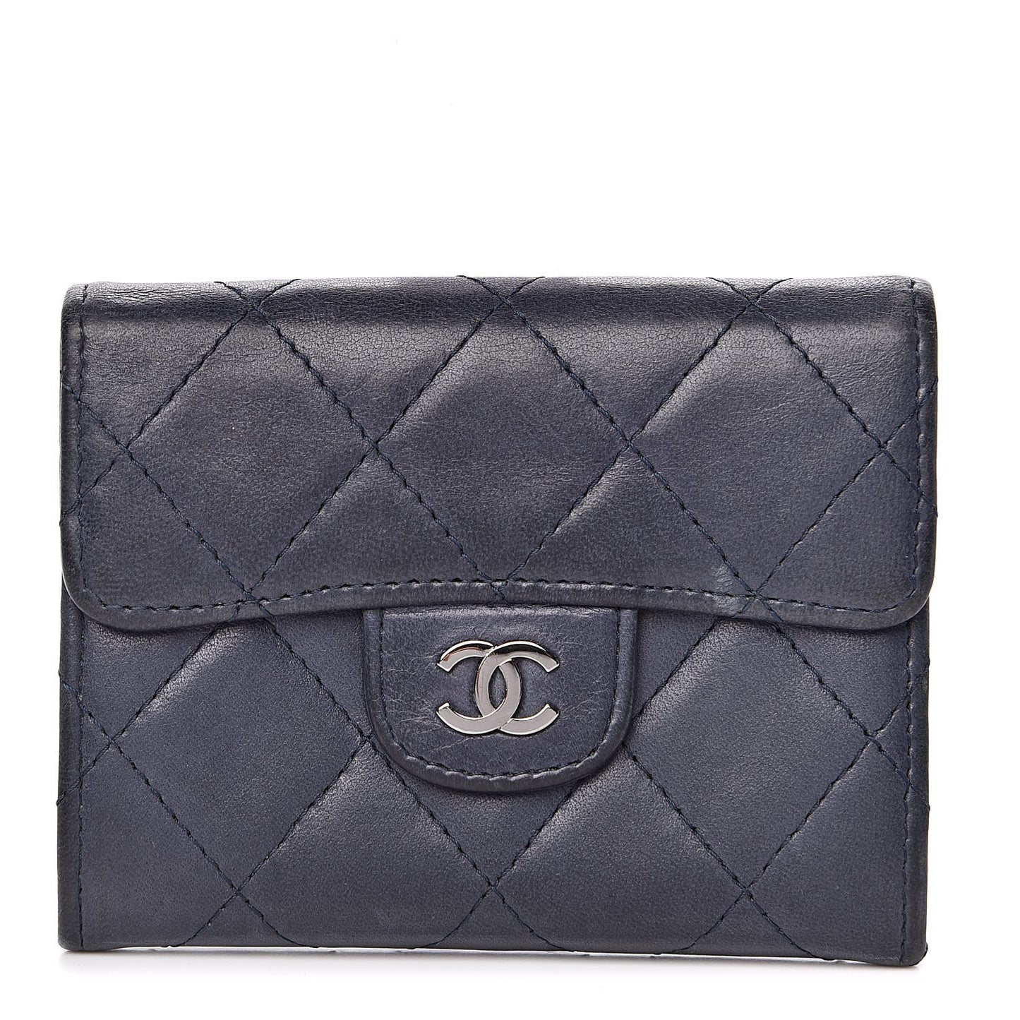 Lambskin Quilted Flap Card Holder Wallet Navy