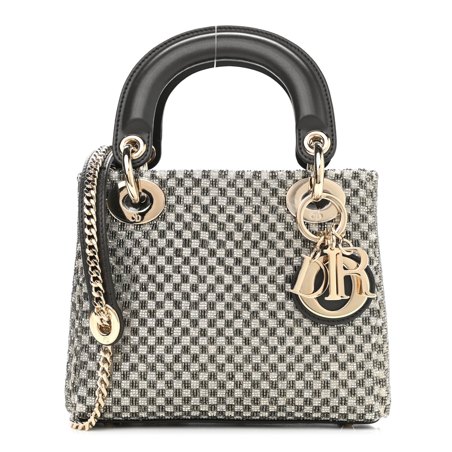 Christian Dior Calfskin Beaded Checkered Mini Lady Dior Grey White 1 of 9