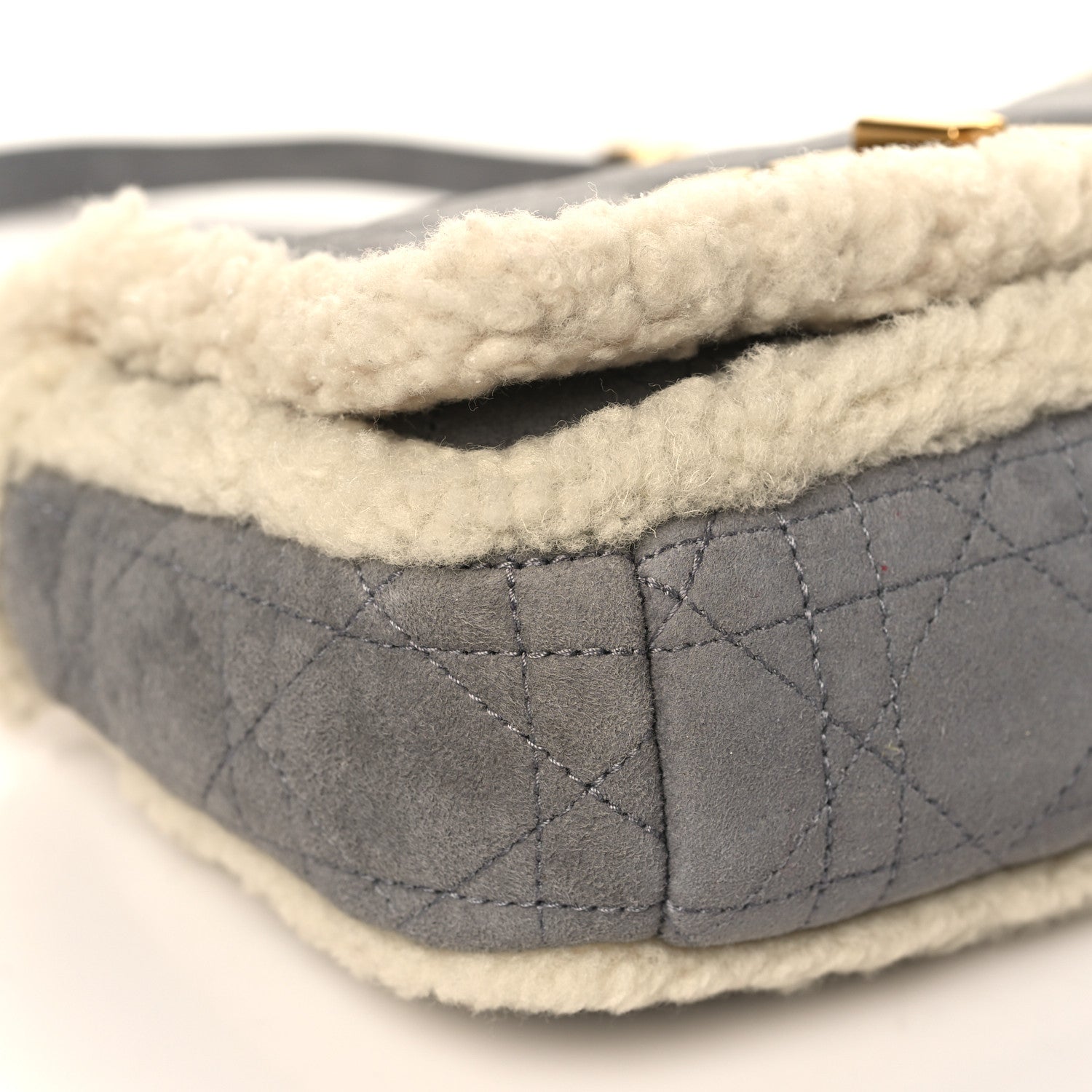 Christian Dior Shearling Sheepskin Wool Cannage Small Caro Bag Gray 7 of 8