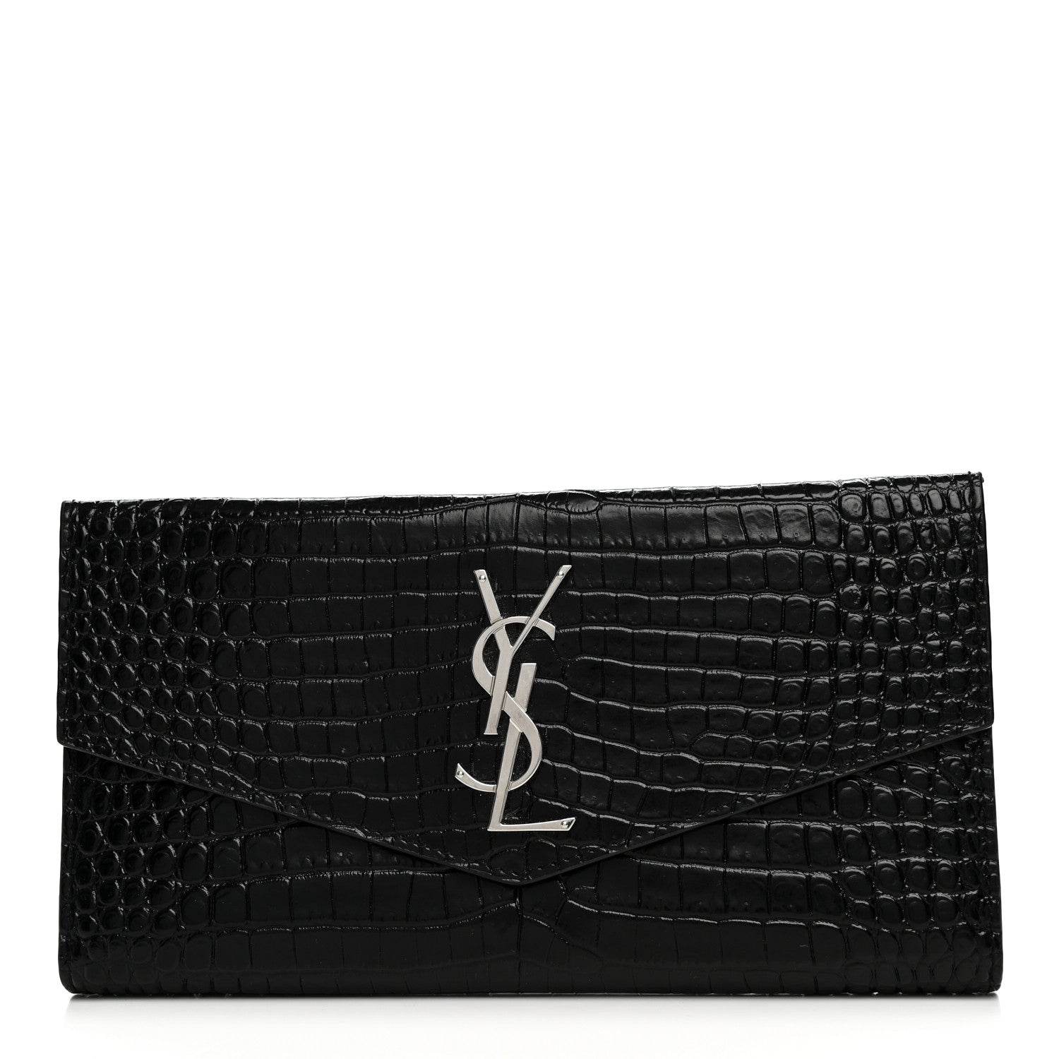 Saint Laurent Calfskin Crocodile Embossed Monogram Uptown Wallet Black 1 of 10
