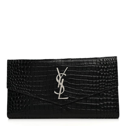 Saint Laurent Calfskin Crocodile Embossed Monogram Uptown Wallet Black 1 of 10