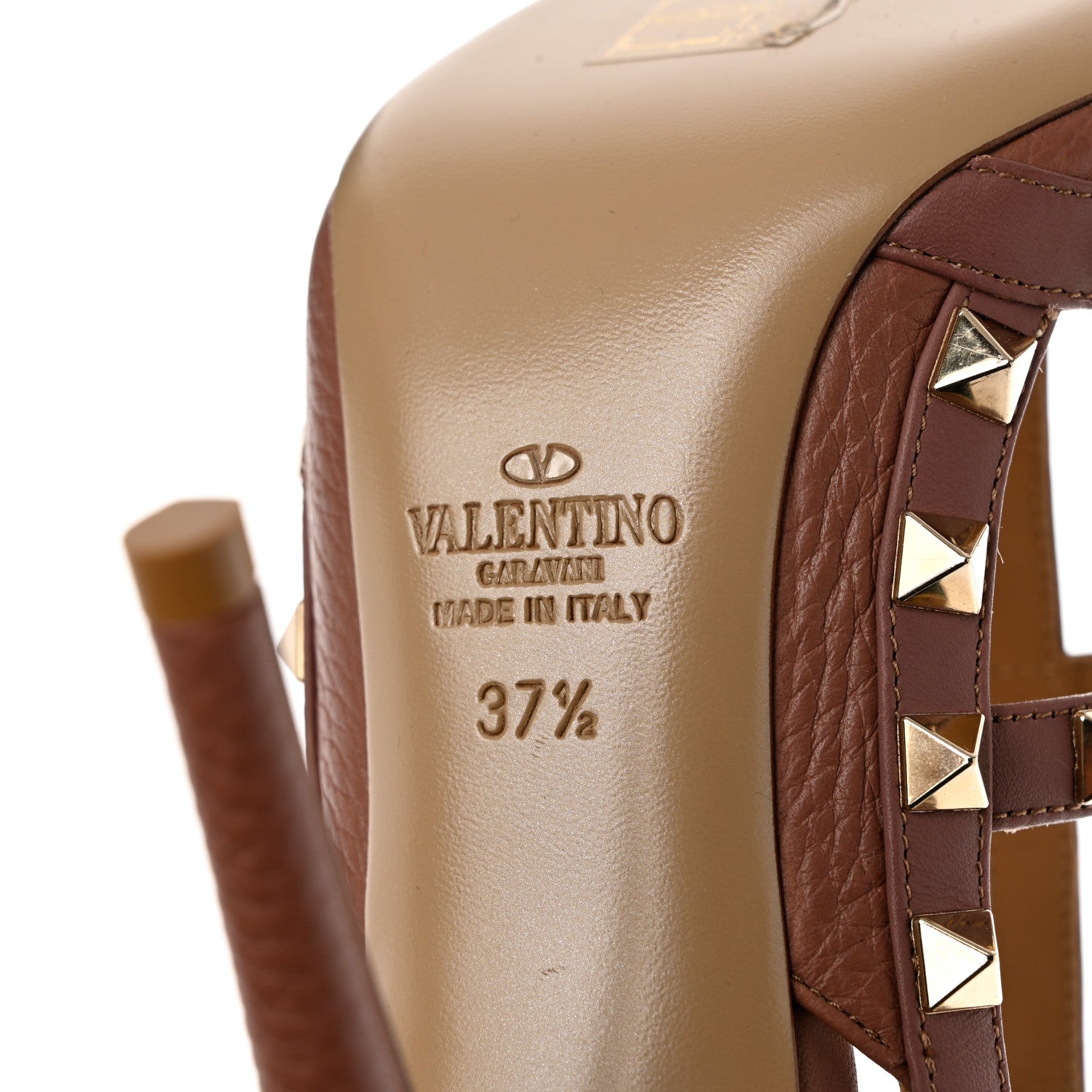 Valentino Garavani Pebbled Calfskin Rockstud Ankle Strap 100mm Pumps 37.5 Brownish 8 of 10