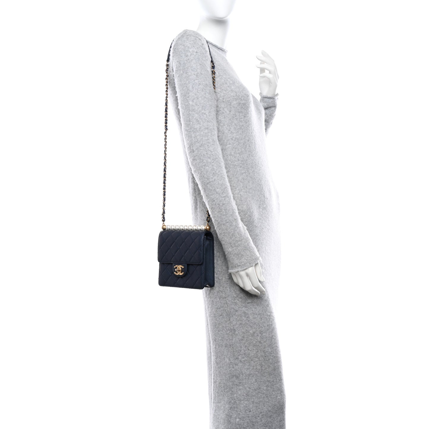 Iridescent Lambskin Quilted Chic Pearls Flap Navy Blue