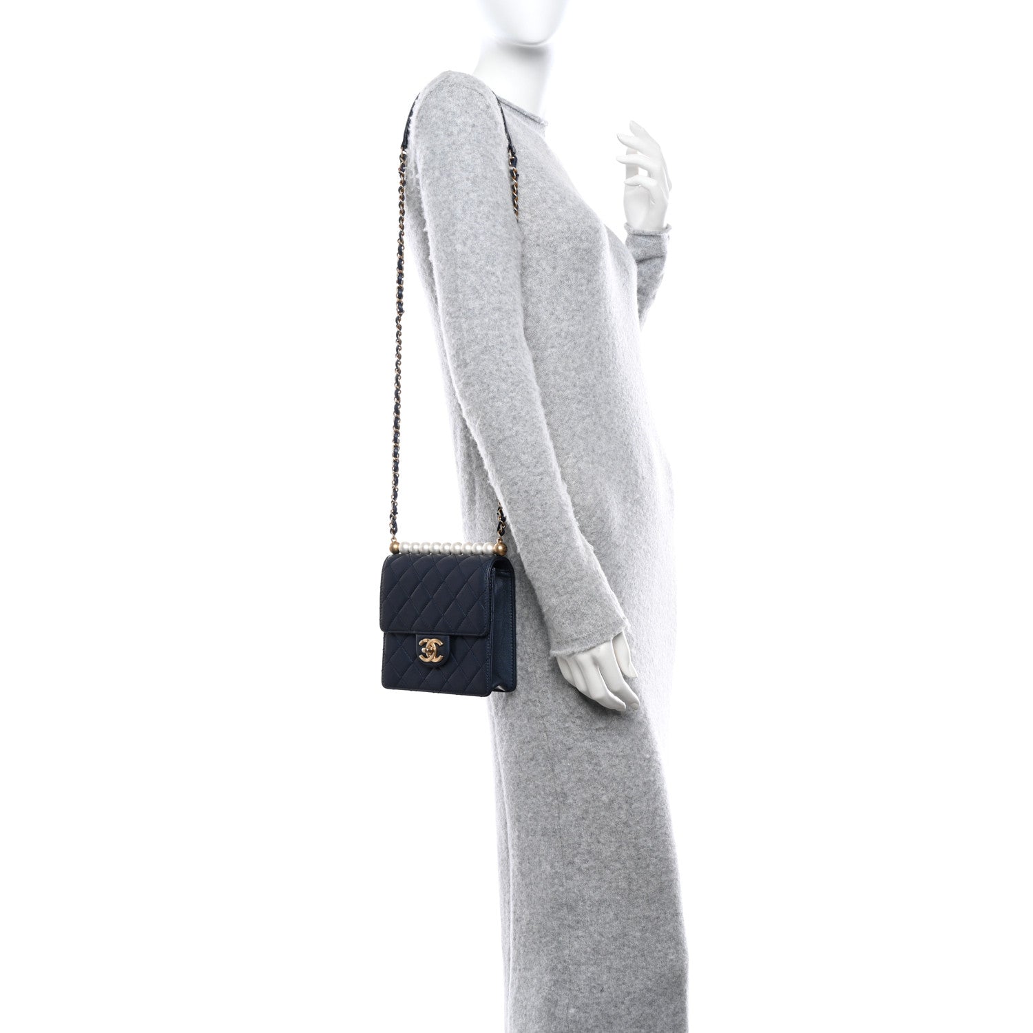 Chanel Iridescent Lambskin Quilted Chic Pearls Flap Navy Blue 2 of 11