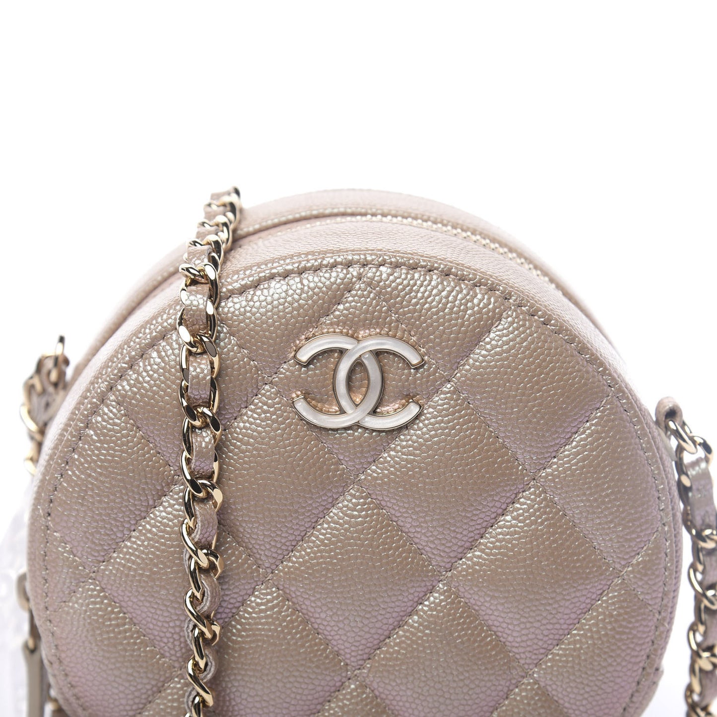 Iridescent Caviar Quilted Round Clutch With Chain Beige