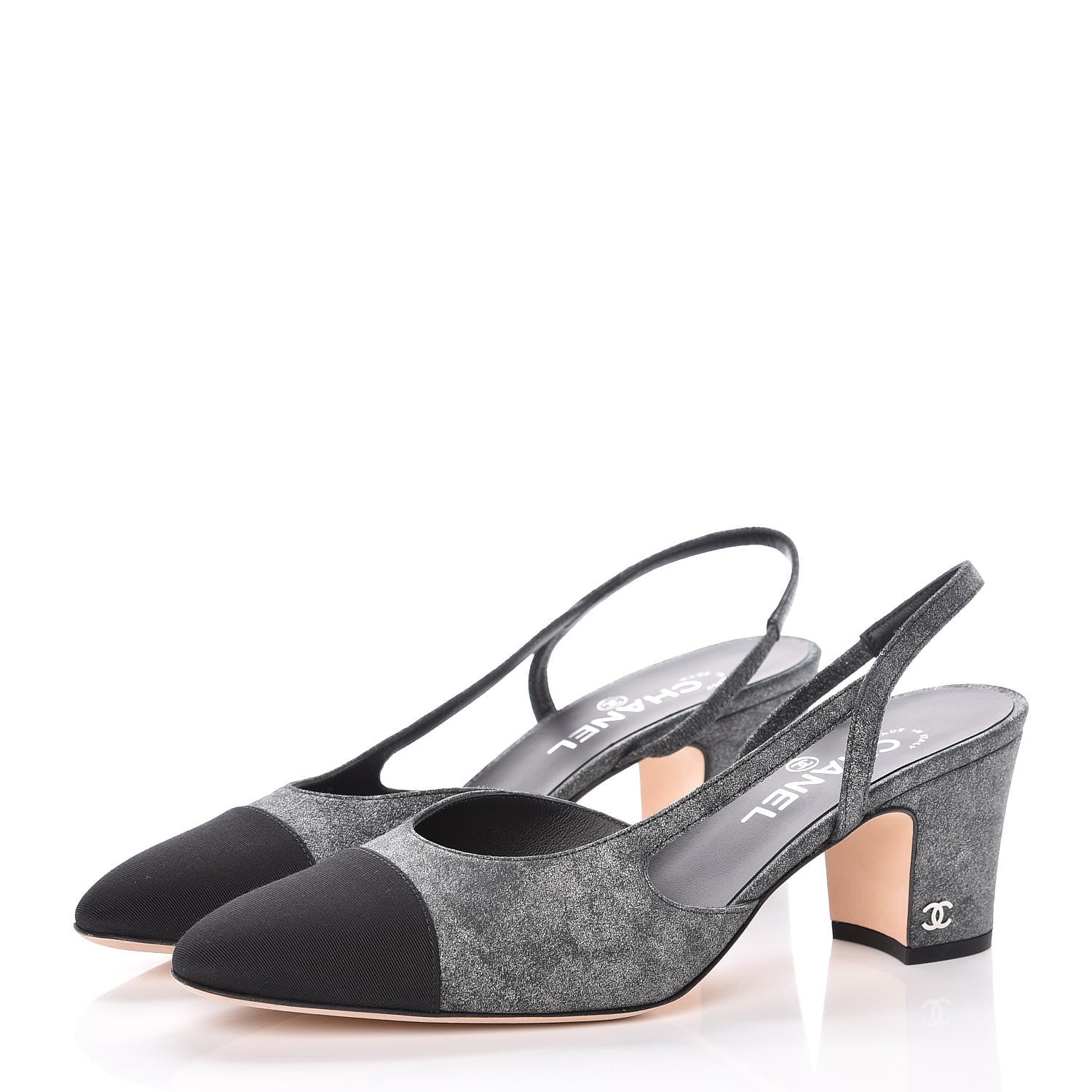 Chanel Metallic Lambskin Grosgrain Cap Toe CC Slingback Pumps 40.5 Silver Black 3 of 10