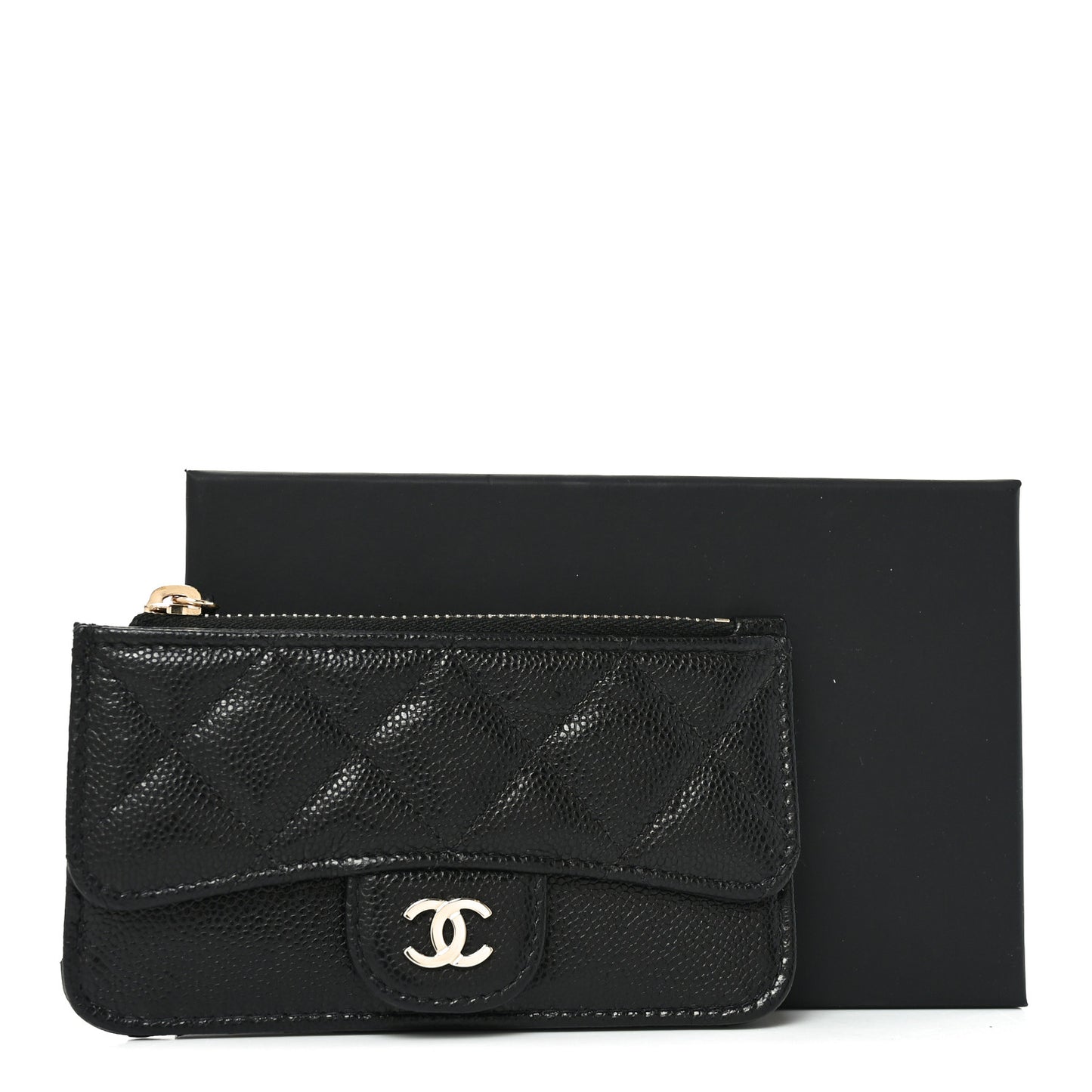 Caviar Quilted Flap Zip Card Holder Black