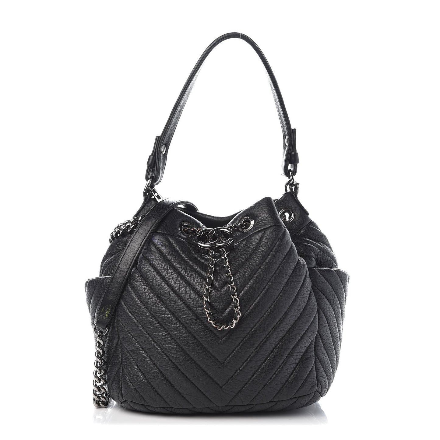Deerskin Chevron Small CC Chain Bucket Drawstring Bag Black