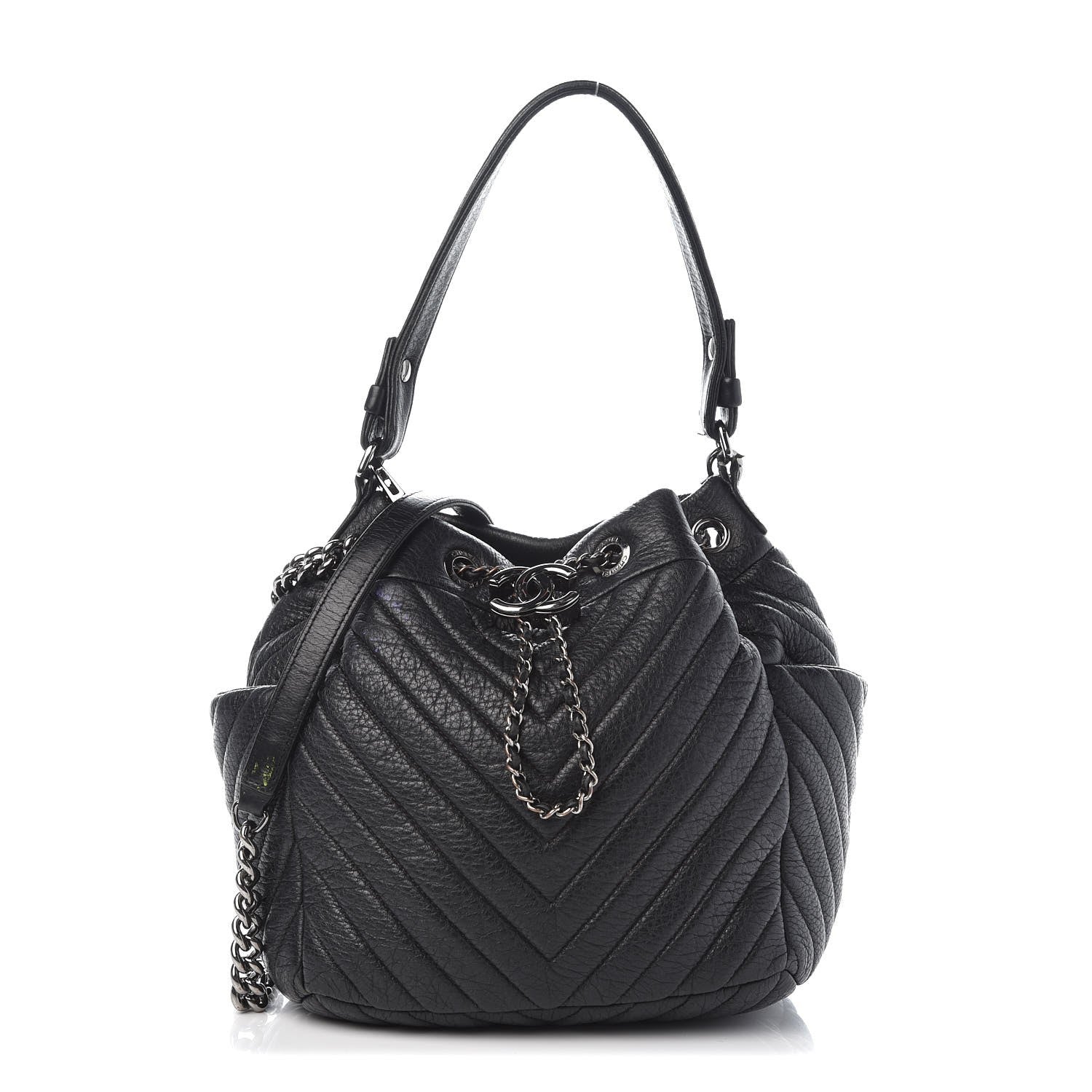 Chanel Deerskin Chevron Small CC Chain Bucket Drawstring Bag Black 1 of 8
