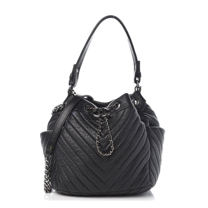 Chanel Deerskin Chevron Small CC Chain Bucket Drawstring Bag Black 1 of 8