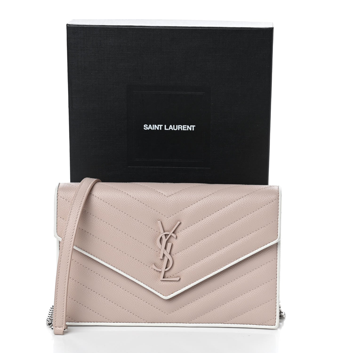 Saint Laurent Grain De Poudre Matelasse Chevron Monogram Envelope Chain Wallet Pink White 9 of 9