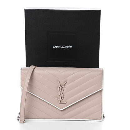 Saint Laurent Grain De Poudre Matelasse Chevron Monogram Envelope Chain Wallet Pink White 23 of 23