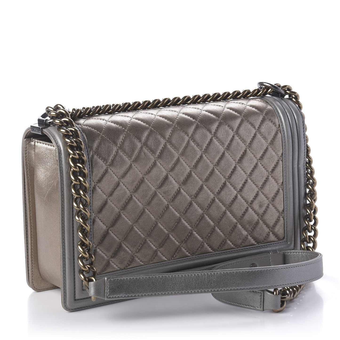 Metallic Calfskin Quilted New Medium Boy Flap Khaki