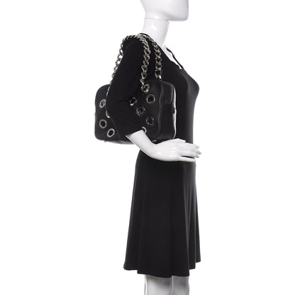 Prada Vitello Daino Grommet Chain Satchel Bag Black 2 of 10