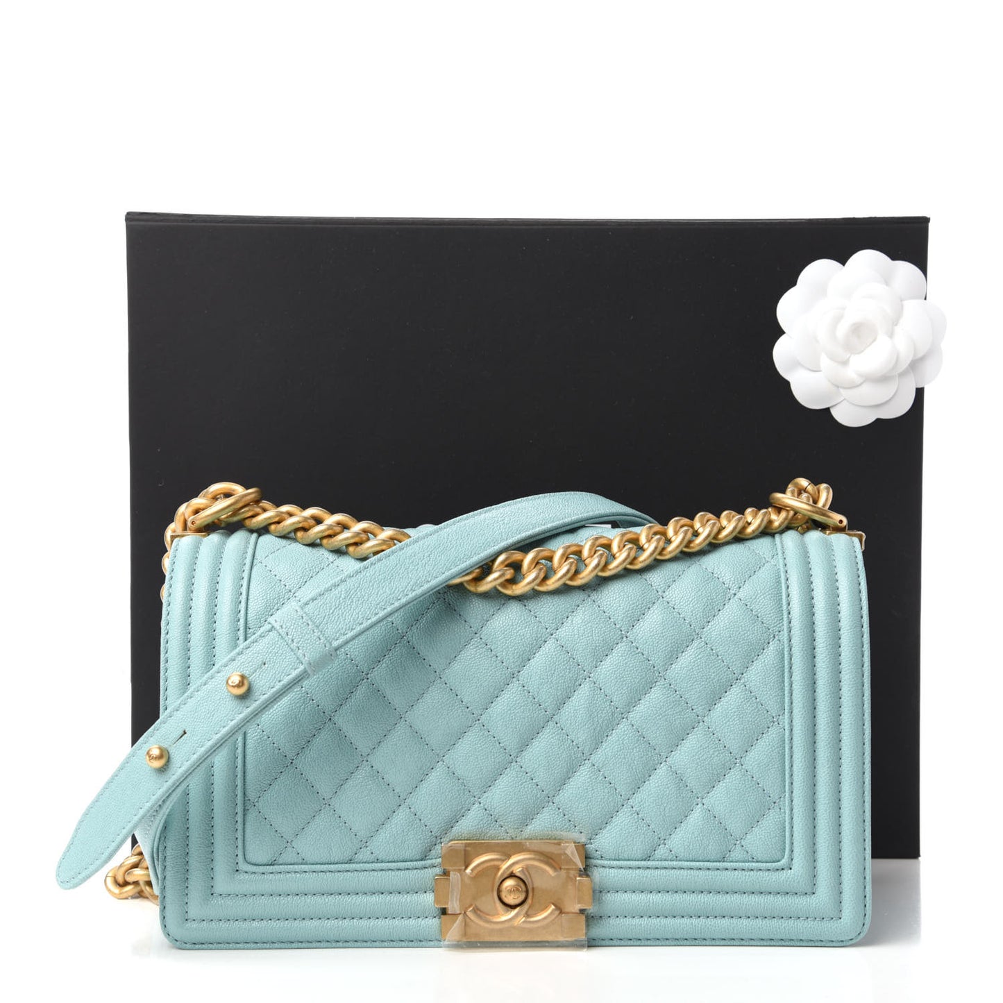 Caviar Quilted Medium Boy Flap Light Blue